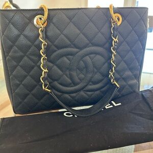 Chanel Black Grand Tote Shopping Bag- Gold chain.